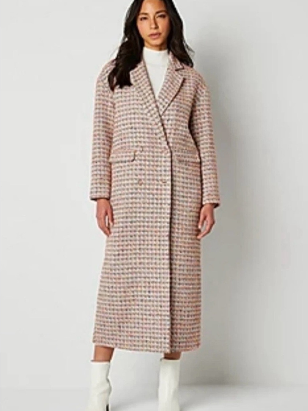 Long Pink Multi Tweed Pea Coat